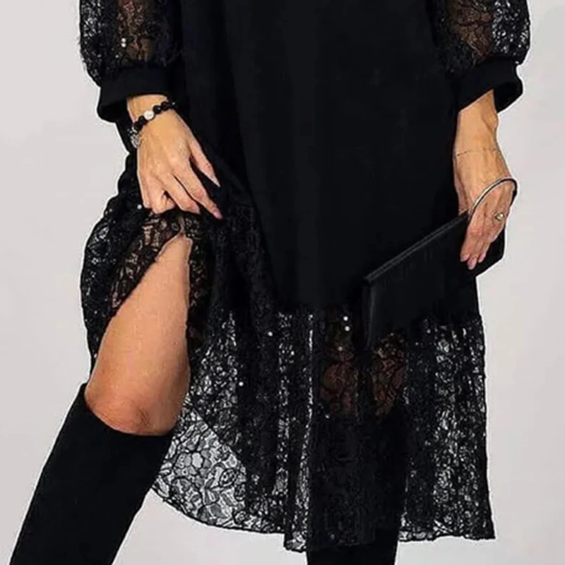 2026 Primavera Girocollo Patchwork Abito lungo in pizzo Donna Casual Allentato Swing A-Line Abito da festa Autunno Manica lunga Hollow Boho Dress