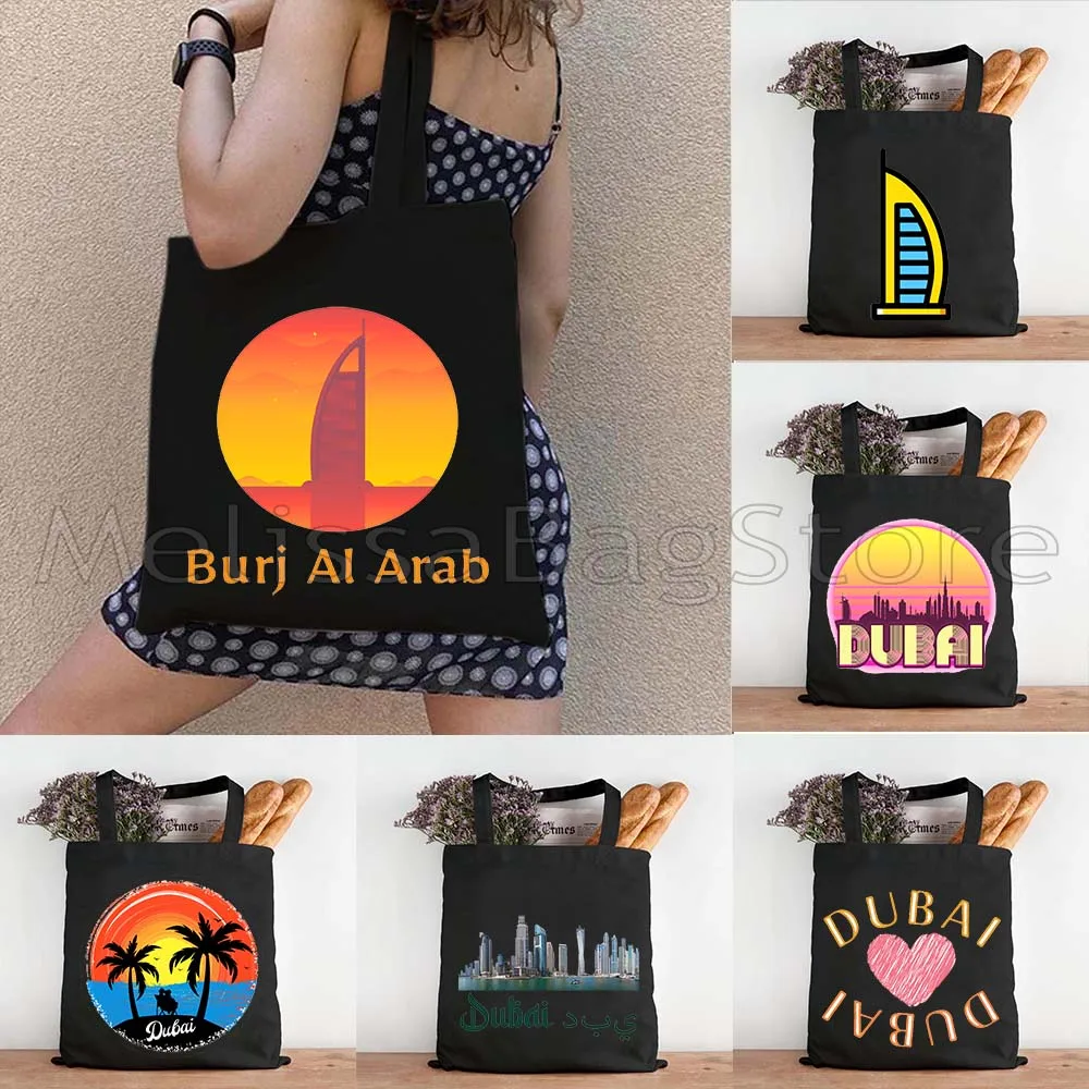 UAE Emirati Skyscraper Burj Khalifa Love Heart Dubai Skyline Retro United Arab Emirates Sunset Canvas Tote Bag Shopper Handbag