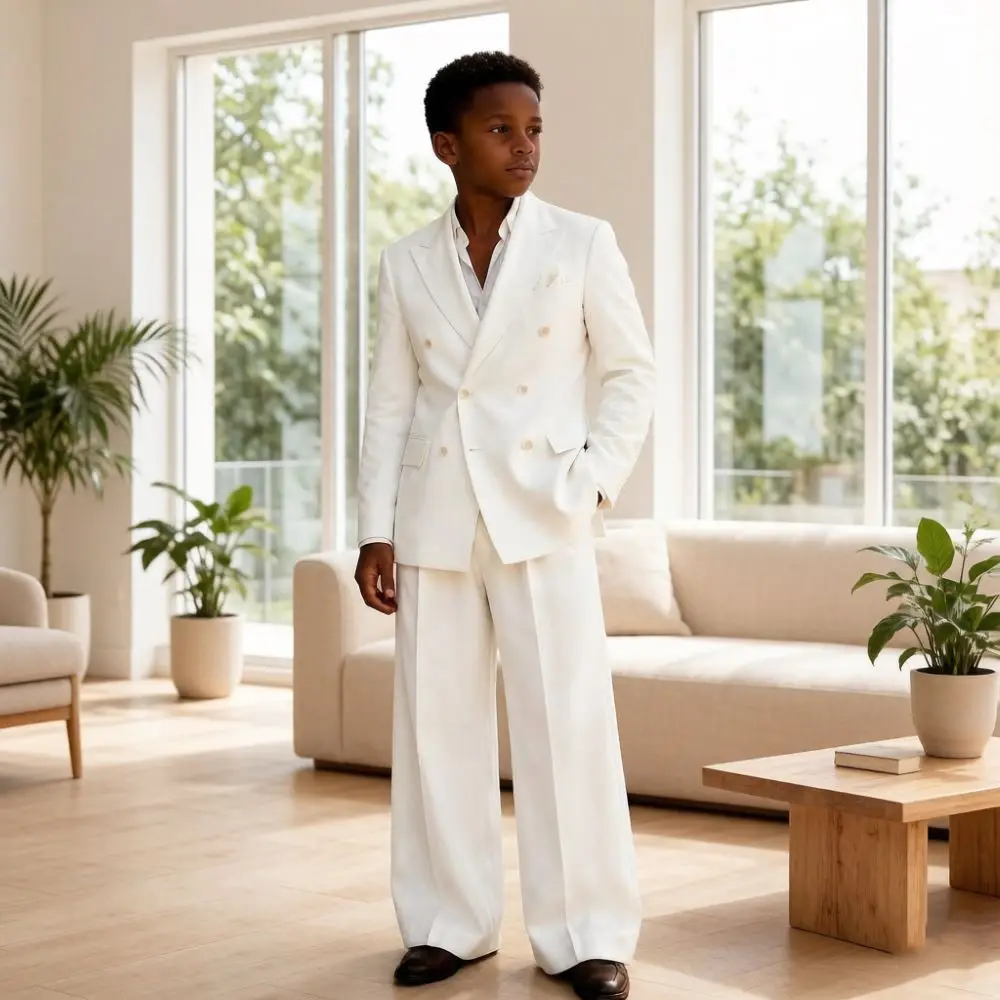 Boy Suits 3 Pieces Double Breasted with Wide Leg Pants Custom Made Summer Wedding Tuxedo Mix Match Separates For Resort Vacation