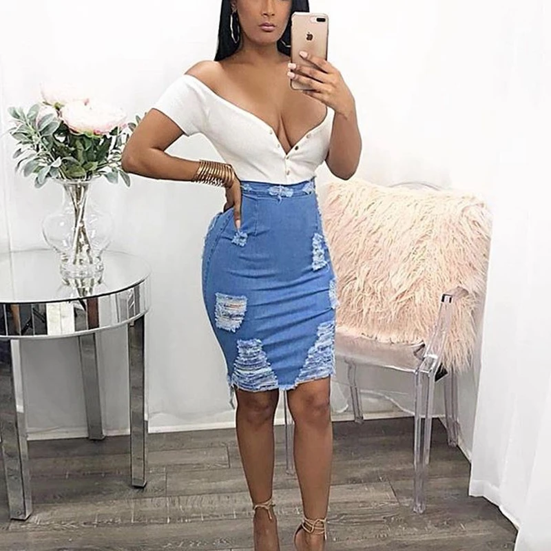 High Waist Distressed Pencil Skirt Blue Light Wash Denim Women Sexy Casual Mini Summer s 2018 Fashion Ripped Bodycon 