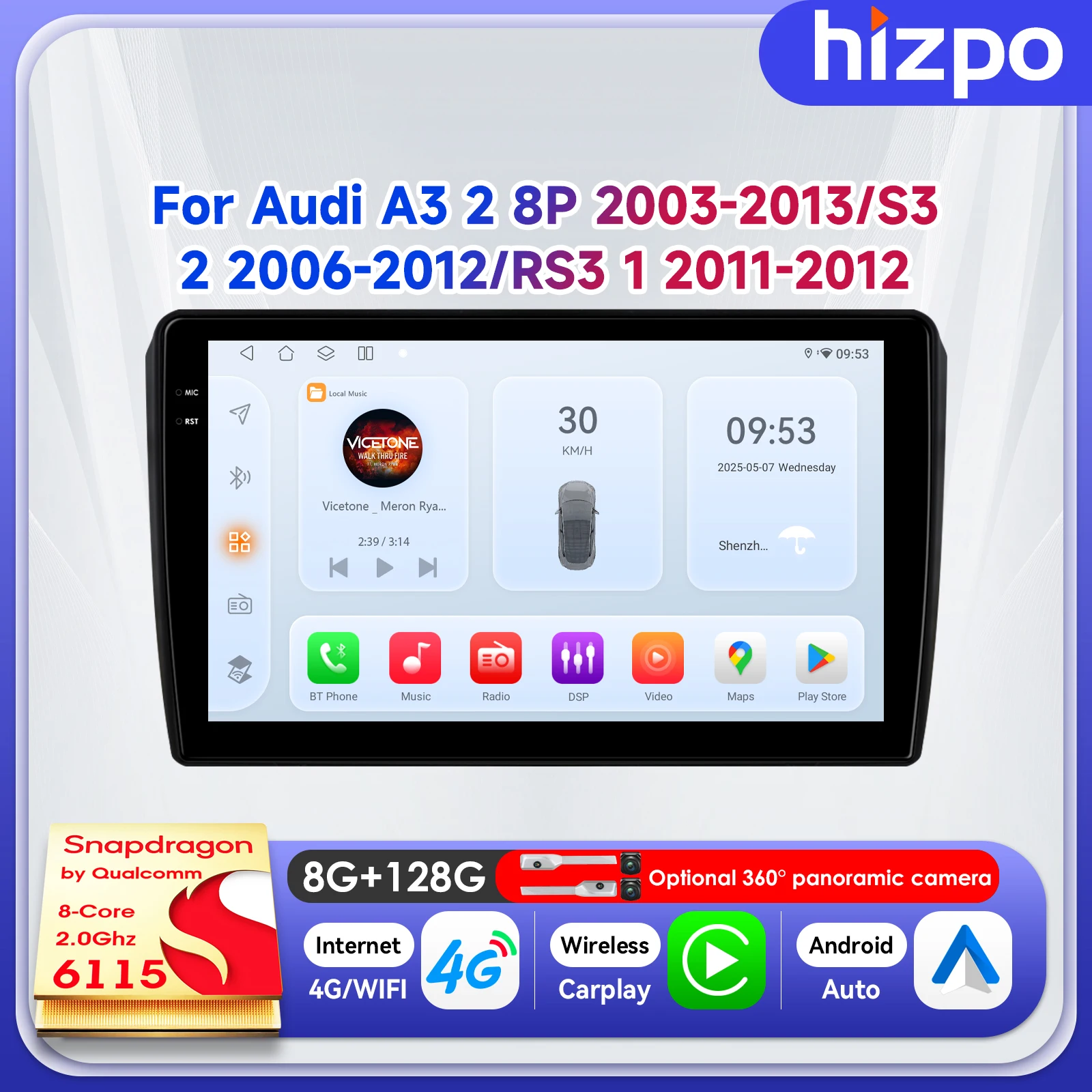 

Hizpo 9" Smart Car Multimedia Player For Audi A3 8P 2003 - 2013 S3 RS3 VideoTouch Screen Carplay Autoradio 2din Android 14 6115