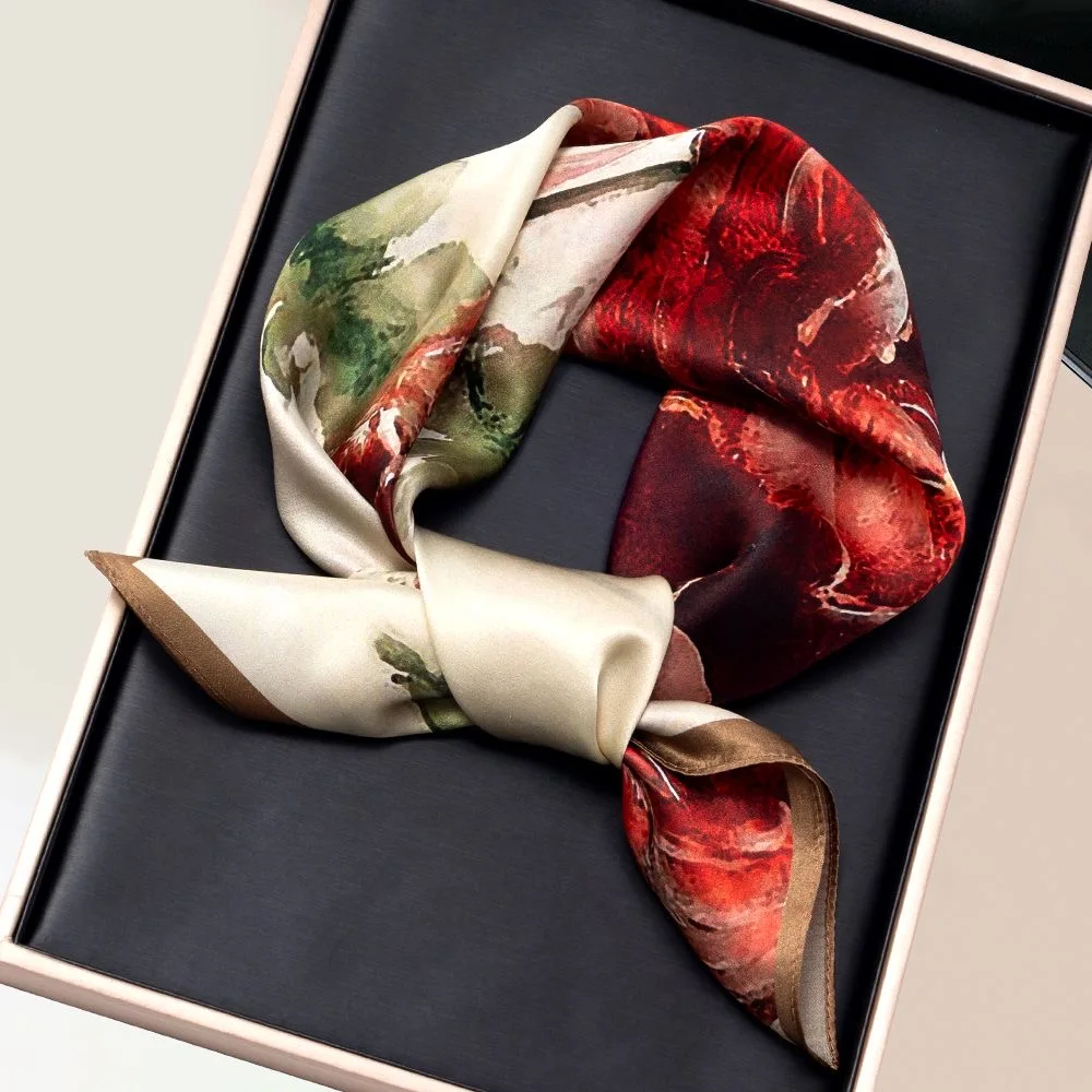 上海ストーリーシルクスカーフ-レディース-ママ用シルクスカーフ-マルベリーシルク-大判正方形スカーフ-女性の日ギフト-デジタルスプレー塗装