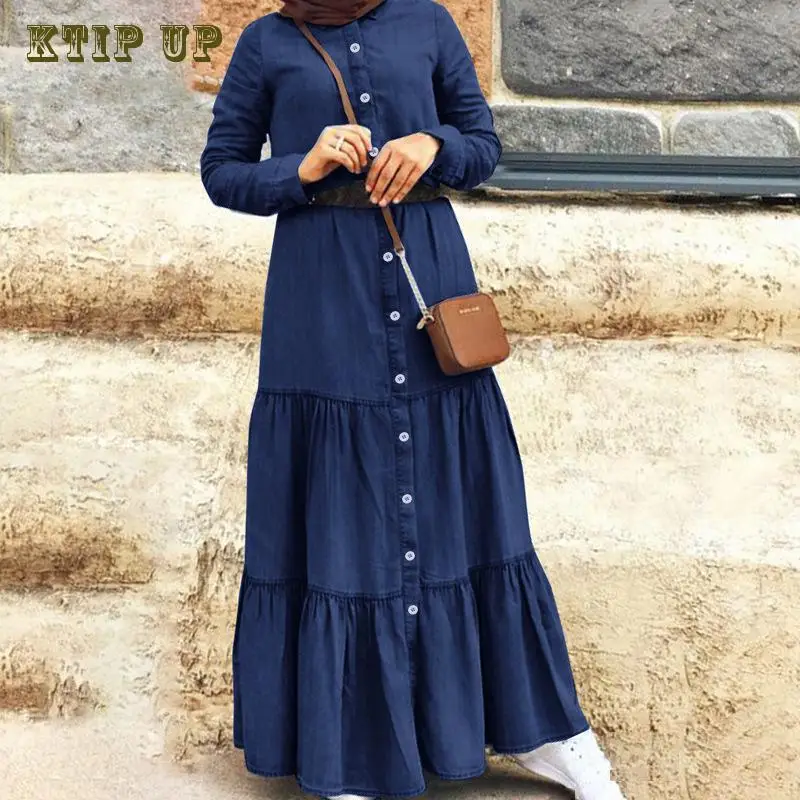 Denim Abaya Women Long Sleeve Maxi Dress Muslim Kaftan Dubai Button Robe Casual Jilbab Arab Gown Islamic Clothing Eid Ramadan