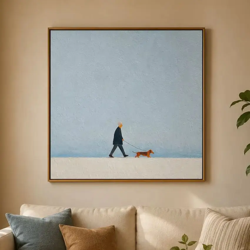 The Quiet Horizon Walk – Sky Blue Folk Man & Dog Portrait Painting | Minimalist Square Entryway Art for Bedroom, Living Room