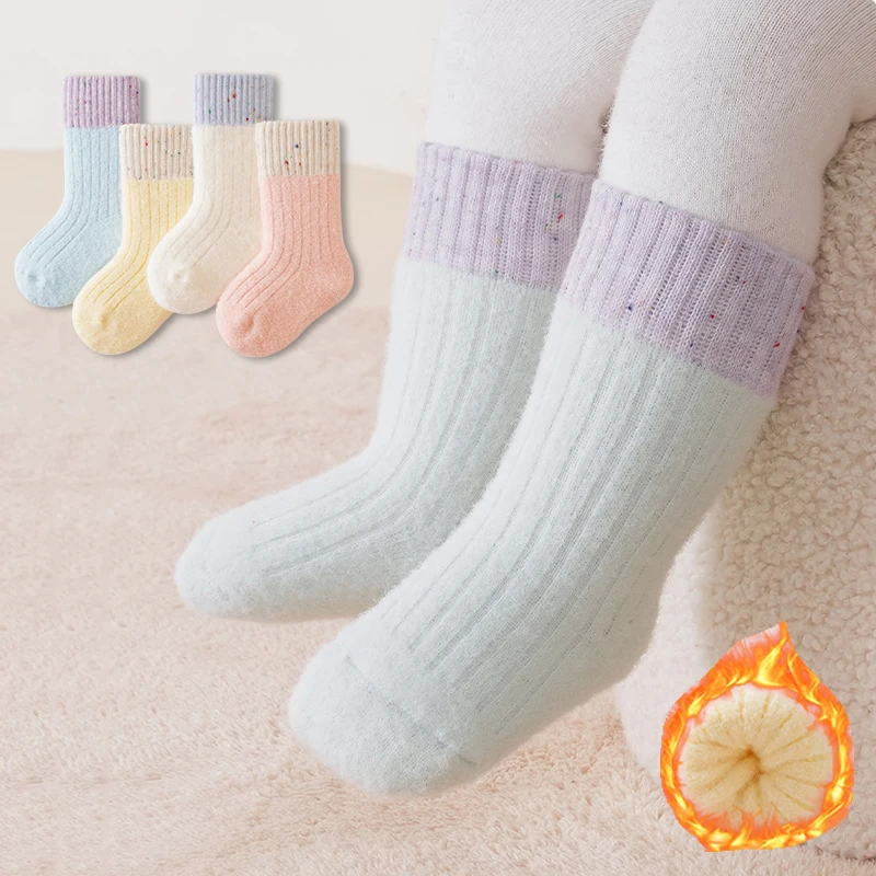 4 Pairs Winter Thermal Baby Socks for Girls Fuzzy Plush Knit Mid Calf Kids Socks for Girls Soft Warm Toddler Newborn Socks