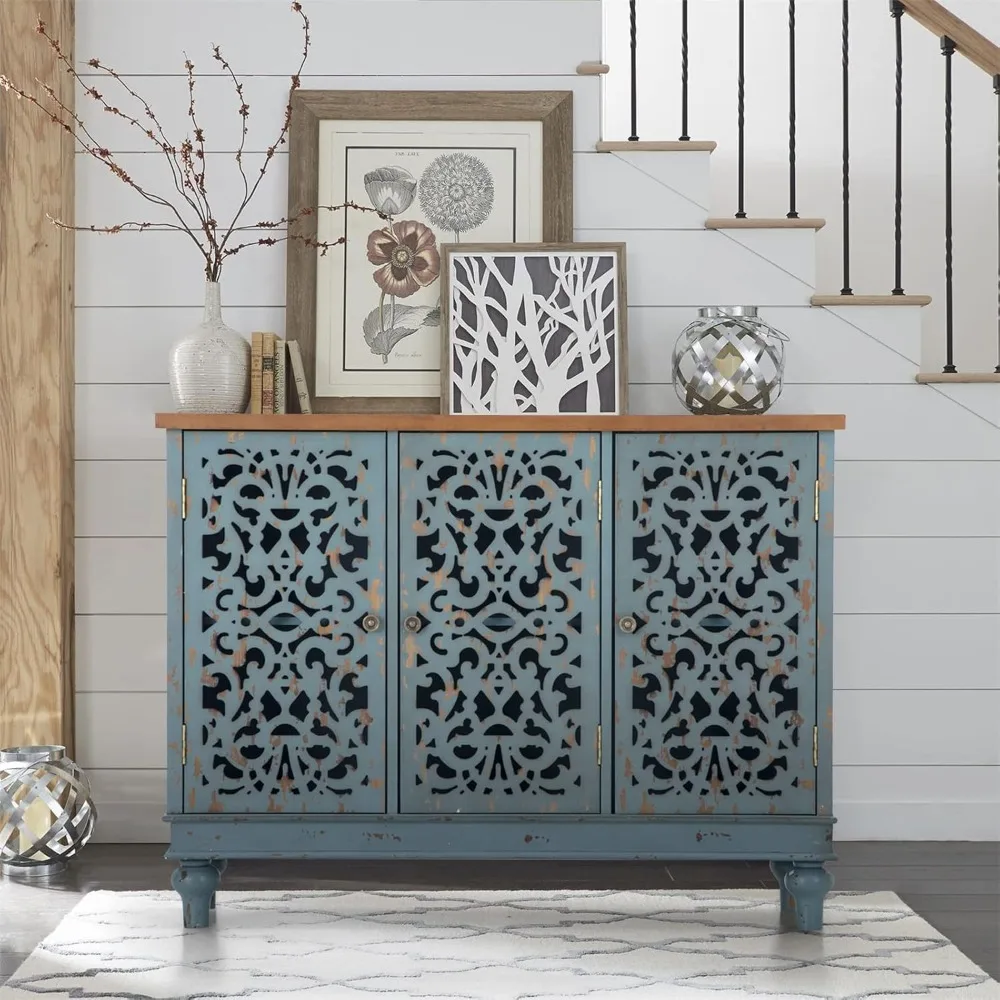 Sophia & William Sideboard and Buffet with Storage, 3-Door Hollow-Carved Accent Cabinet, Distressed Wood Storage Cabinet