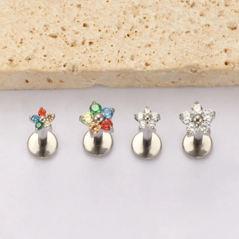 G23 Titanium Colorful Flower Lip Piercing Women 16G 18G Snowflake Heart CZ Tragus Cartilage Helix Conch Daith Earrings Piercing