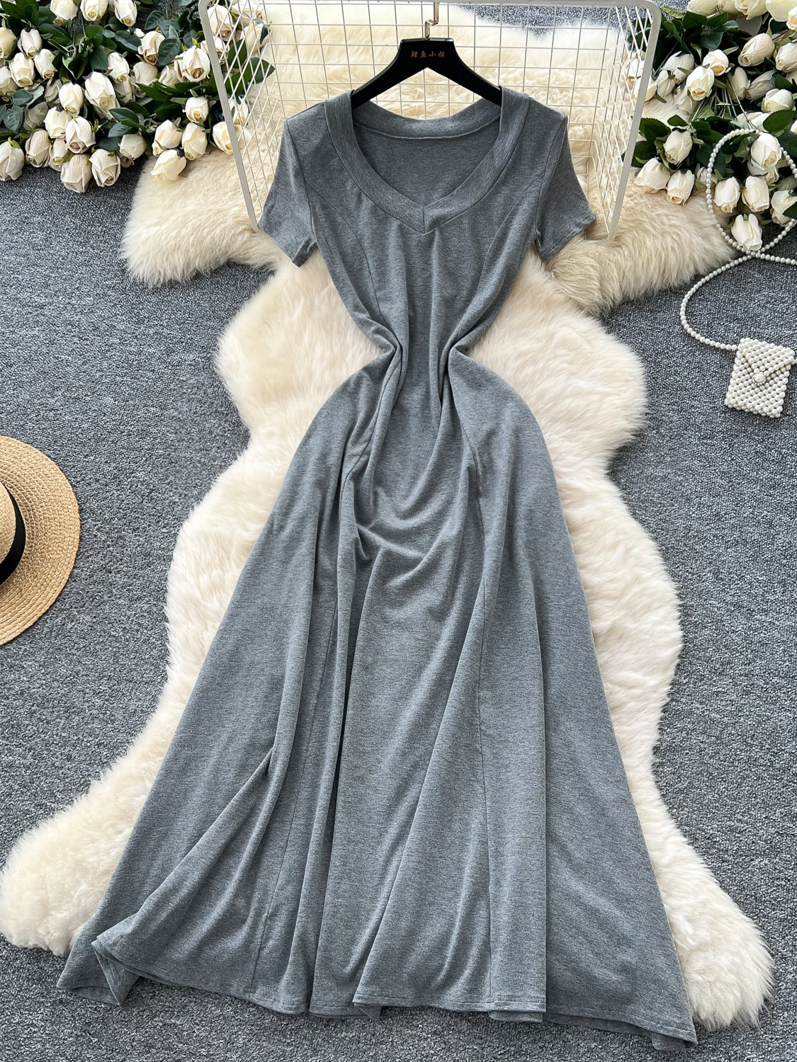 Zomer Casual Losse vrouwen Dr Koreaanse Sle V-Ne ort Sve T-shirt Lange Rok Hoge Taille A-lijn Silhouet Pendelen