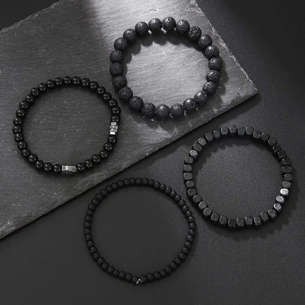 4 Teile/satz Schwarz Gall Stein Vulkanstein Holz Perlen Multi-schicht männer Kombination Elastische Armband Für Paar Freunde schmuck – Detail 3