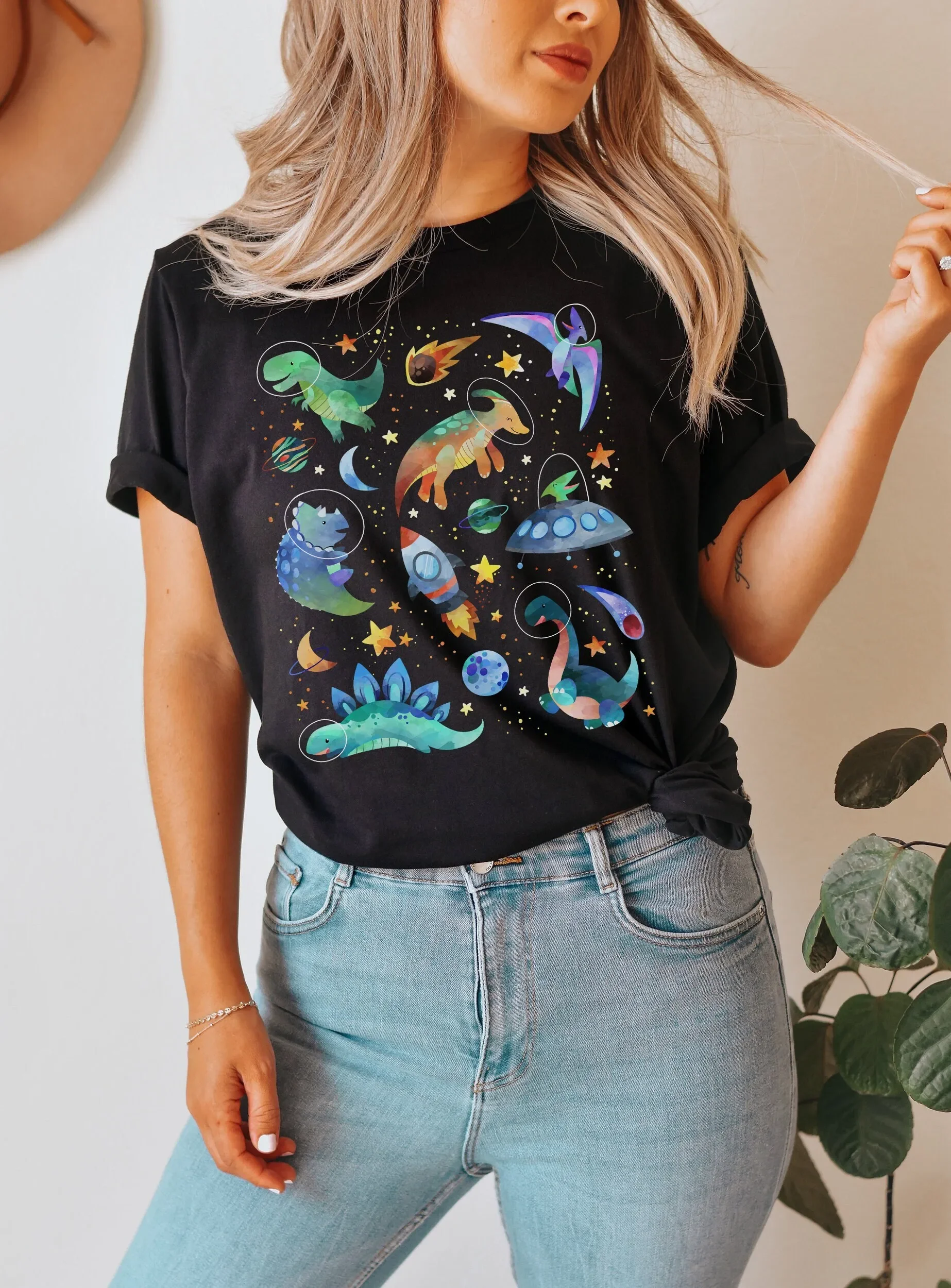 Space Dinosaur T Shirt Womens Print Paleontology Dino Clothes Velociraptor Trex S