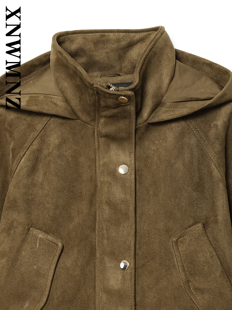 XNWMNZ 2025 Otoño señora desplazamientos moda manga larga con capucha cuello chaqueta de gamuza Vintage Simple invierno mujer marrón abrigo Casual