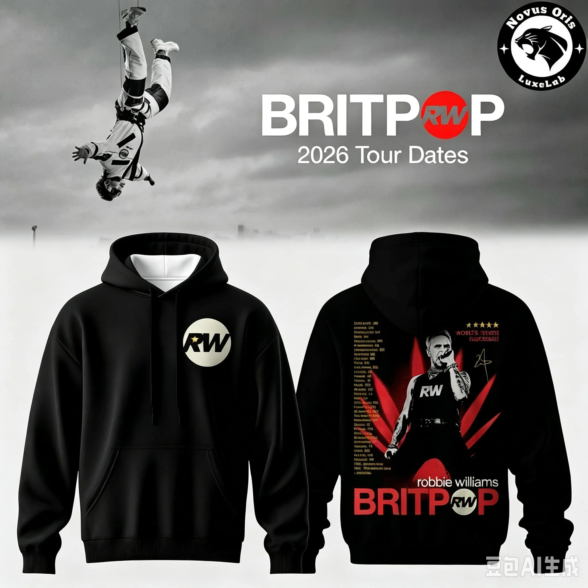 Robbie Williams Britpop 2026 World Tour Grafik-Print-Hoodie, Unisex, Pop-Rock-Pullover, Sweatshirt, Langarm, lässige Streetwear – Detail 2