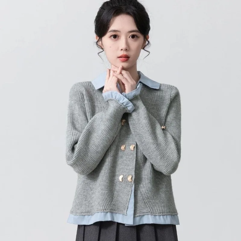 

Поддельный двухсекционный свитер с воротником-поло для женщин, осень 2024, новый студенческий стиль, вязаный кардиган, куртка, короткий топ