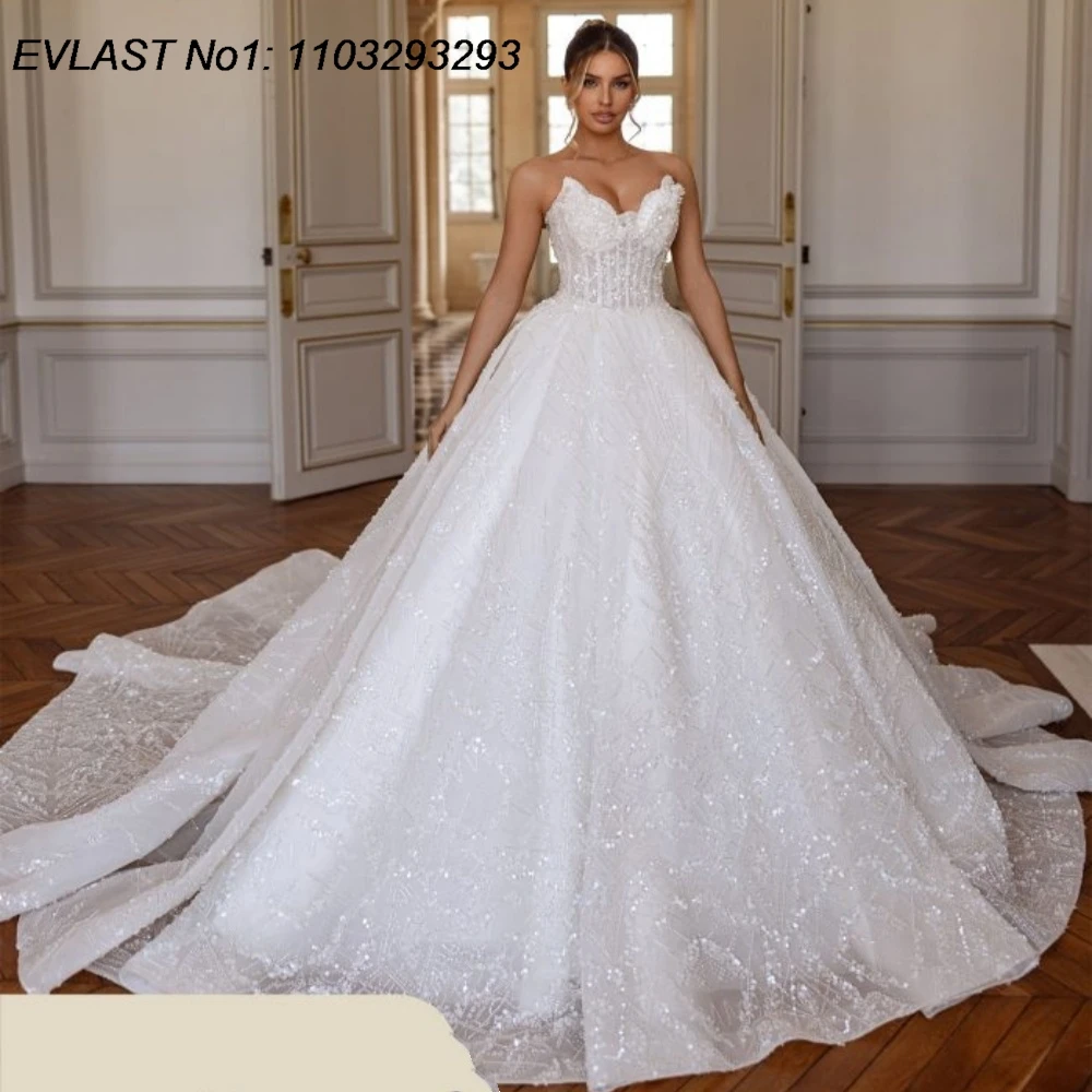 

EVLAST индивидуальное блестящее свадебное платье трапециевидной формы 2026 с кружевной аппликацией и кристаллами из бисера, свадебное платье Vestidos De Novia TBD176