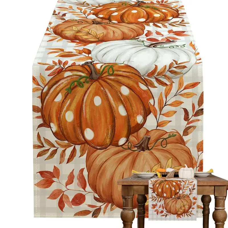 Autumn Pumpkin Table Runner 183x33cm Polyester Linen Pumpkins Leaves Farmhouse Dining Table Christmas Decoration