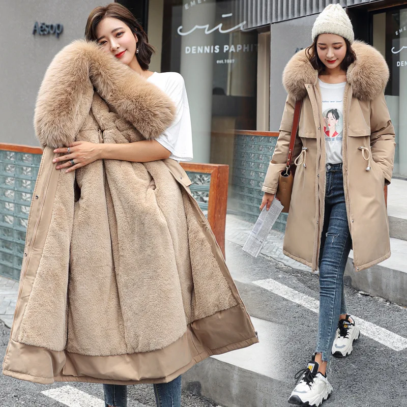 Foreign Trade New Winter Cotton-Padded Coat For Women Korean Version Medium-length Large Fur Collar Velvet Lining Overcoat