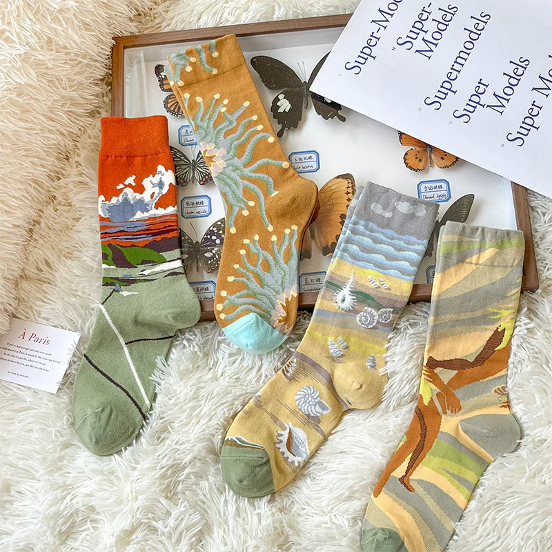 1Pack/4 Pair Woman Man Autumn Winter Socks Soft Cotton Artistic Couple Socks Famous Oil Painting Series Long Socks with Box Gift