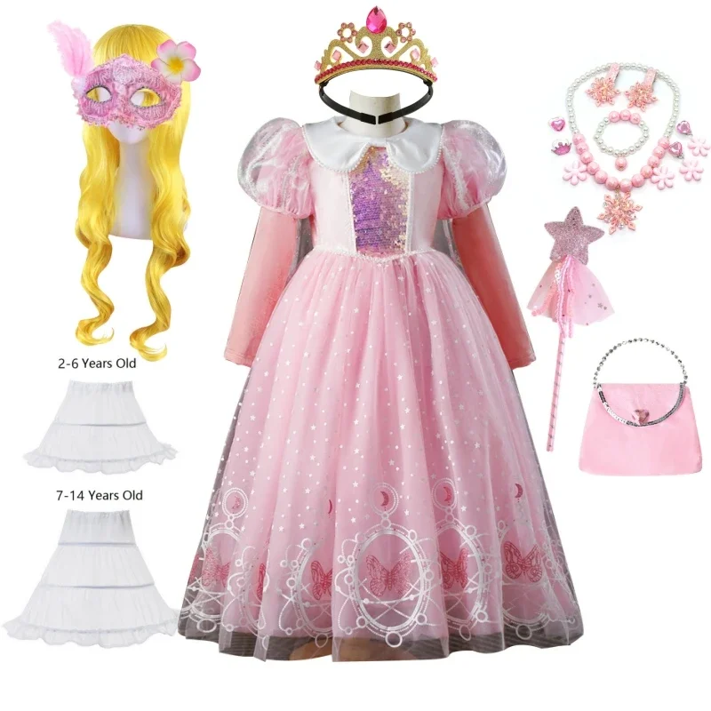 Costume da principessa Dress Up Outfit Costume rosa della Bella Addormentata per ragazze Costume di Halloween a maniche lunghe Vestito da festa cosplay 2-@0Z*