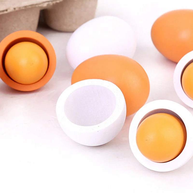 6pcs Simulation Wooden Eggs Toys Set Kids Pretend Play Wood Food Eggs Yolk Kitchen Food Children Kid Education Montessori Toys