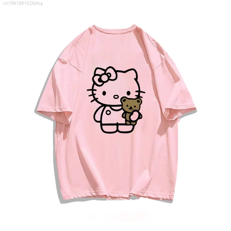 Sanrio Hello Kitty White Oversize T-shirt 2000s Summer New Cuteore Trend Clothing Youth Women Kawaii Graphic Tees Hip Hop Tops