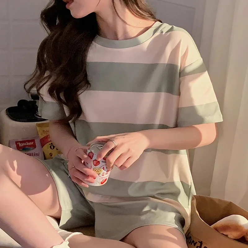 Women Pajamas Shorts Striped Round Neck Student Homewear Two-Piece Set of Pullover Short-Sleeved Shorts Small Fresh Ladies Pajam