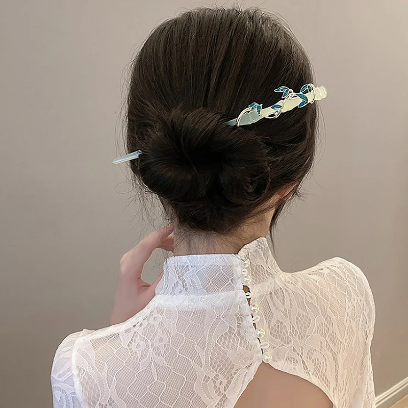 Korean Chinese Hanfu Bamboo Crystal Hairpins Leaf Hair Stick Girl Headdress Zircon Braided Hair Clip Women Elegant Retro Acrylic