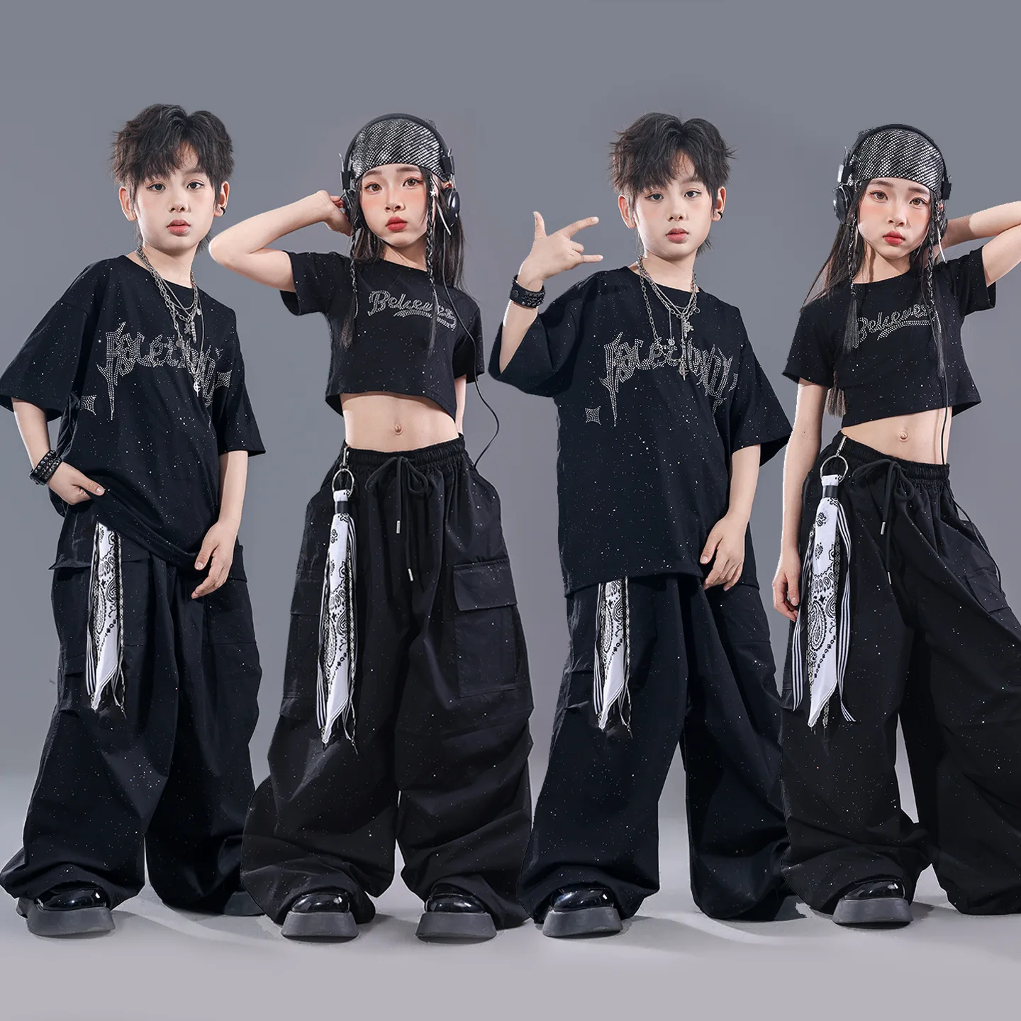 Kids Black Hip Hop Jazz Dance Costume Set - Girl Crop Top & Boys Baggy Pants Street Dancewear for Performance Cool Dance Clothes