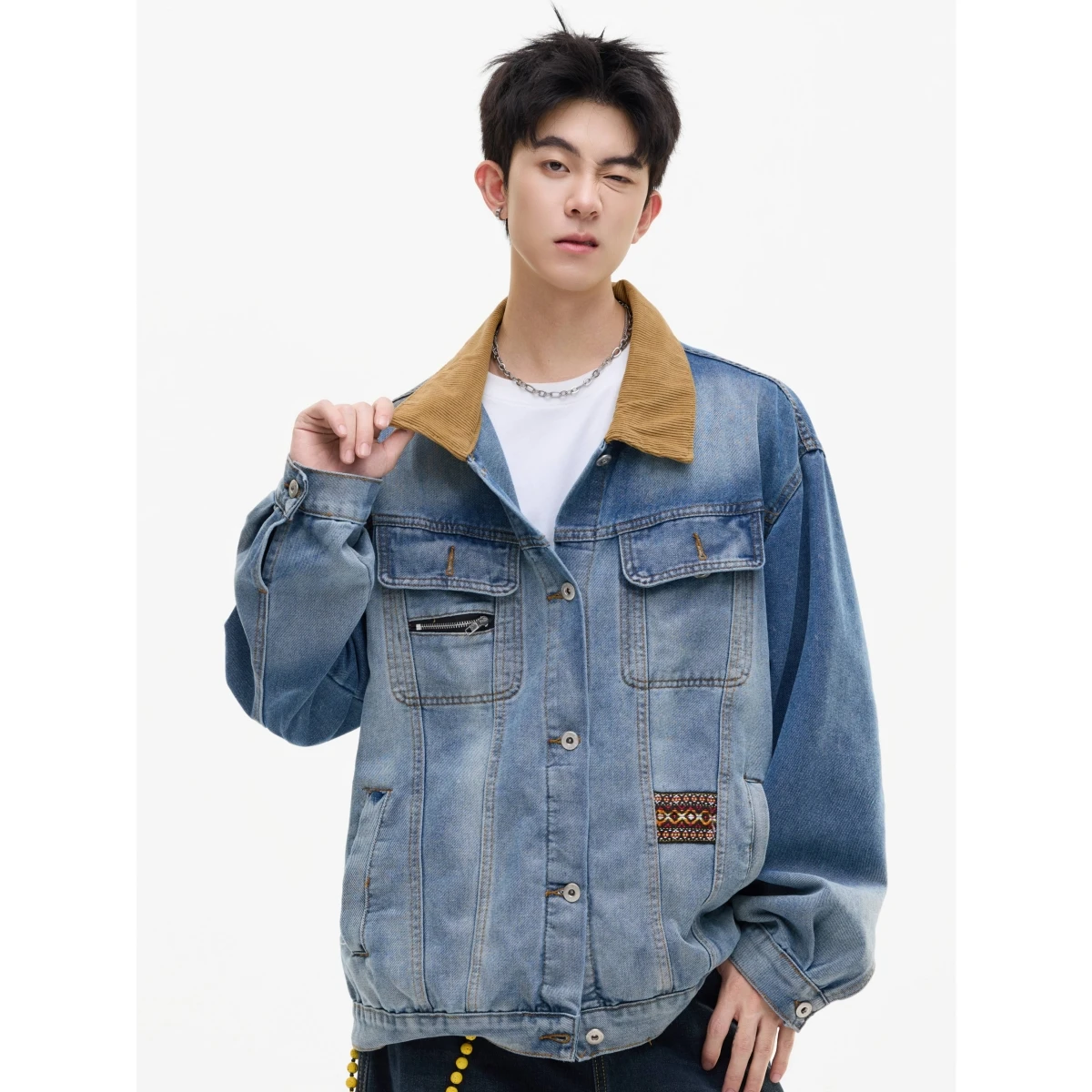 

Retro Corduroy Collar Patchwork Men's Denim Jaet Vintage Waed Stand Collar American Workwear Sle Polyester Jaet