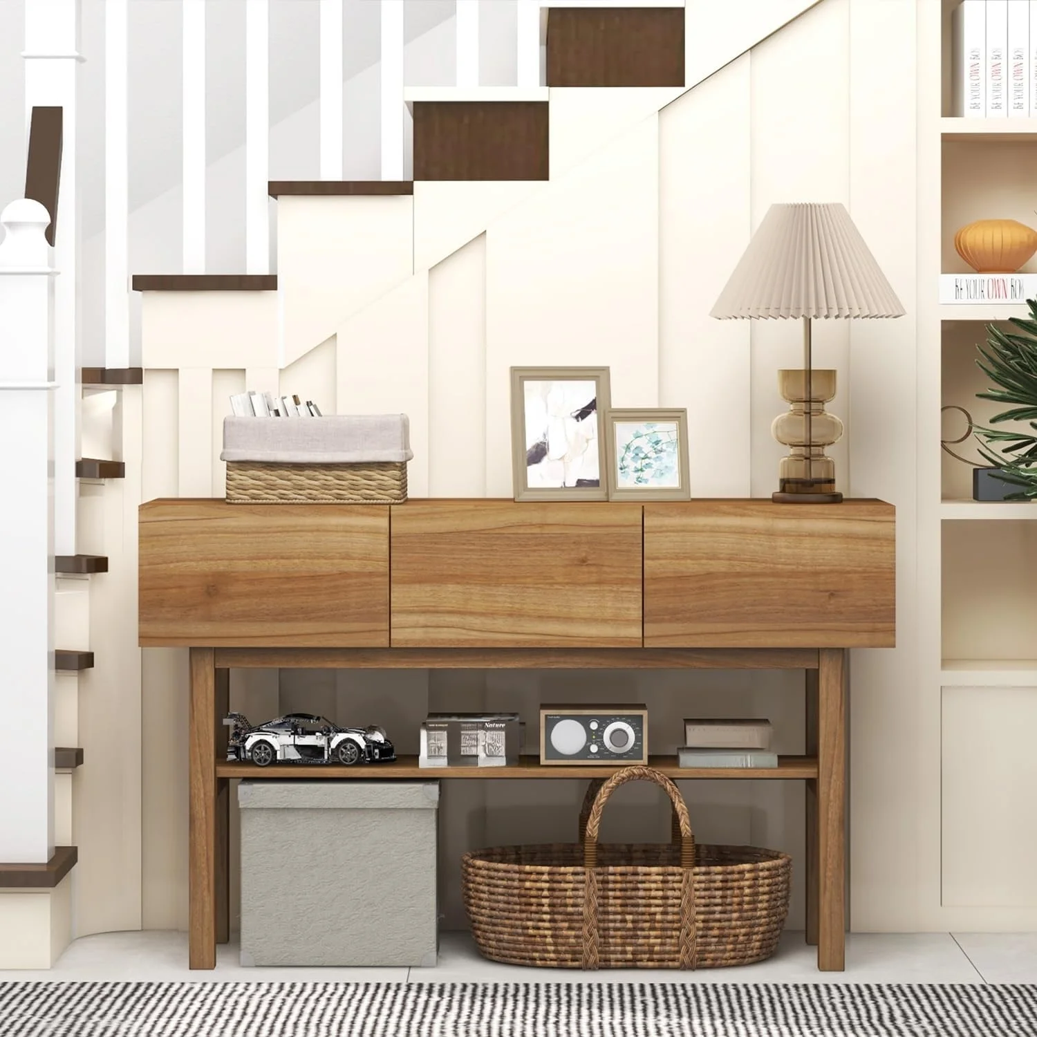 Kinder King Wood Console Table with 3 Drawers Rustic Sofa Table Entryway Table with 2-Tier Storage Shelves Hallway Foyer Behind