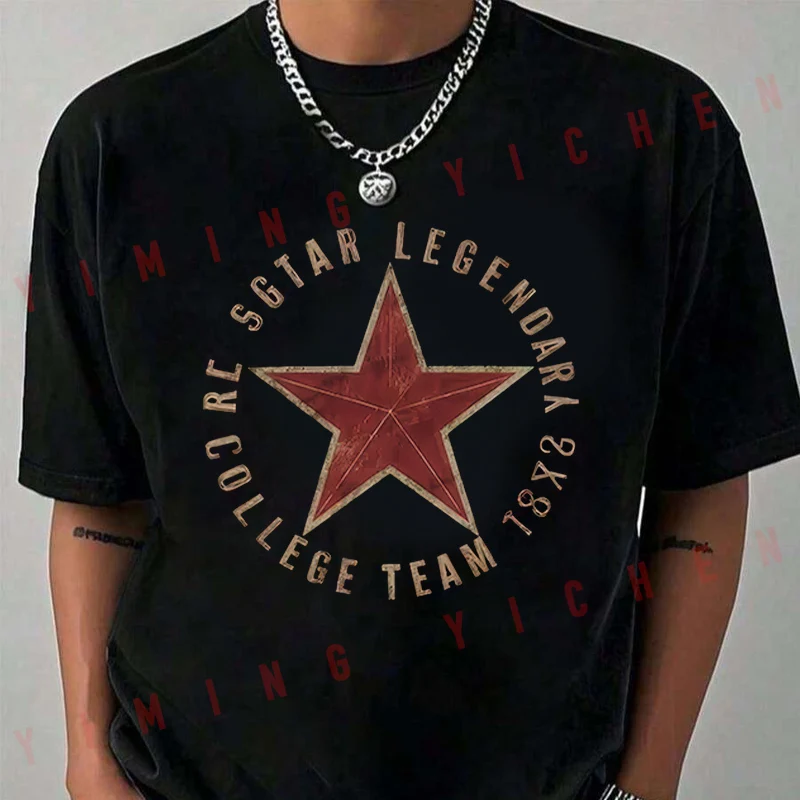 

Retro Red Star Design Motorcycle T-Shirt Men Hip Hop Streetwear Unisex Casual Fashionable Short Sleeve Tops