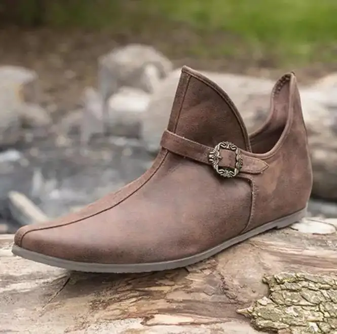 Pirate Boots Medieval Viking Vintage Renaissance Brown Buckle Leather Boots Short Flat Shoes Men Knight Prince Cosplay Costume