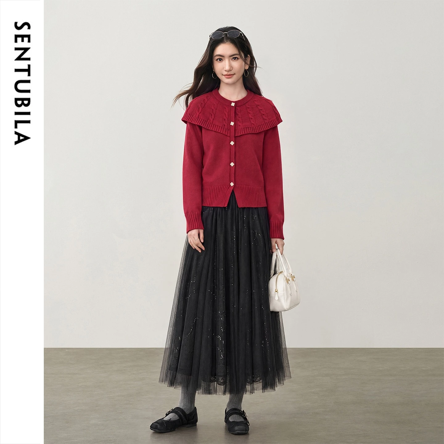 SENTUBILA Women's Two-piece Set 2026 New Wool‑Blend Knitted Sweater with Lace Midi Skirt Elegant Daily Commuter Outfit 764ZC8805
