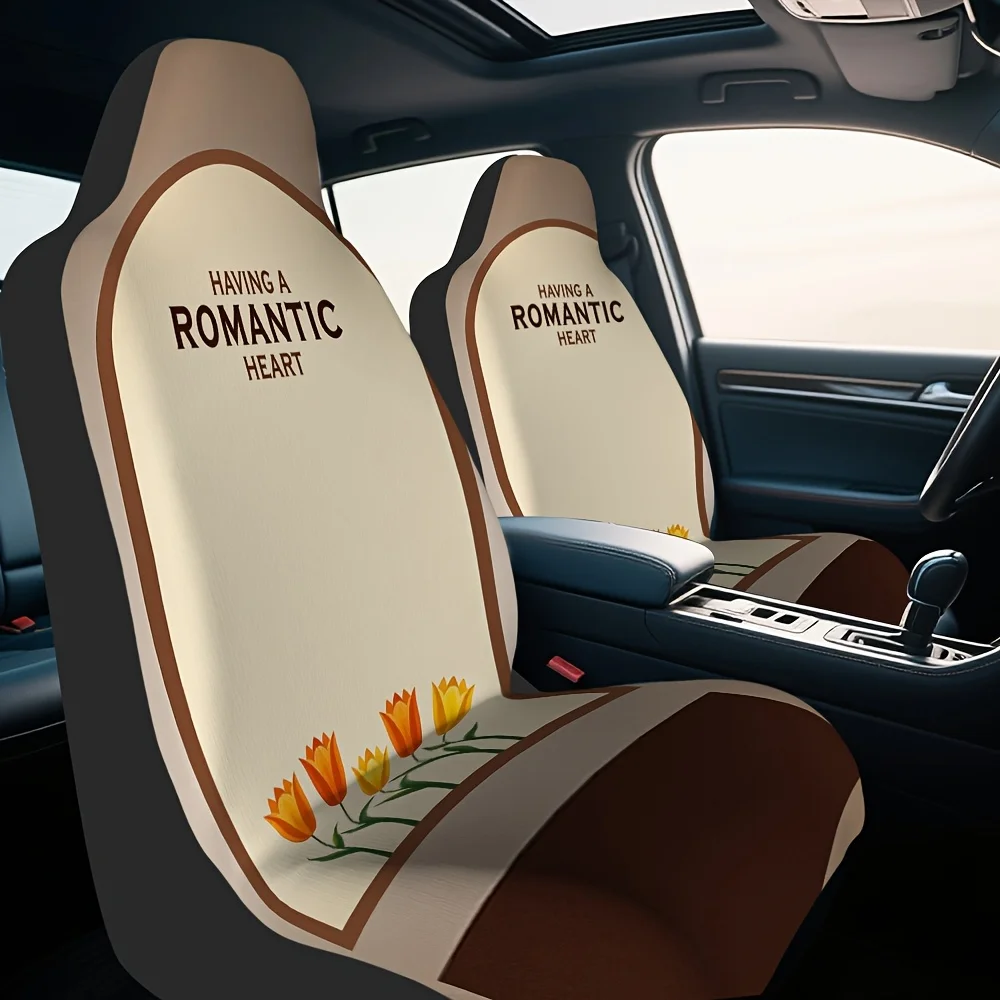 2pcs Romantic Tulip Archway Front Seat Covers - Elegant & Brown Car Interior Decor, Durable Polyester, Machine Washable, Fit For