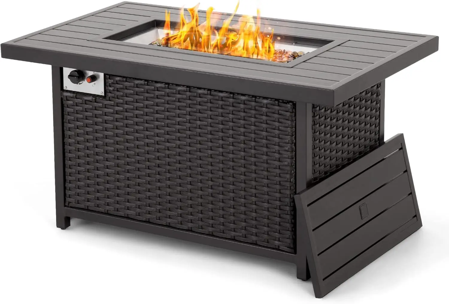 Propane Fire Pit Table - 48 inch 50,000 BTU Aluminum Outdoor Patio Fire Pit,Clear Glass Rock and Tabletop Lid, Black PE Rattan