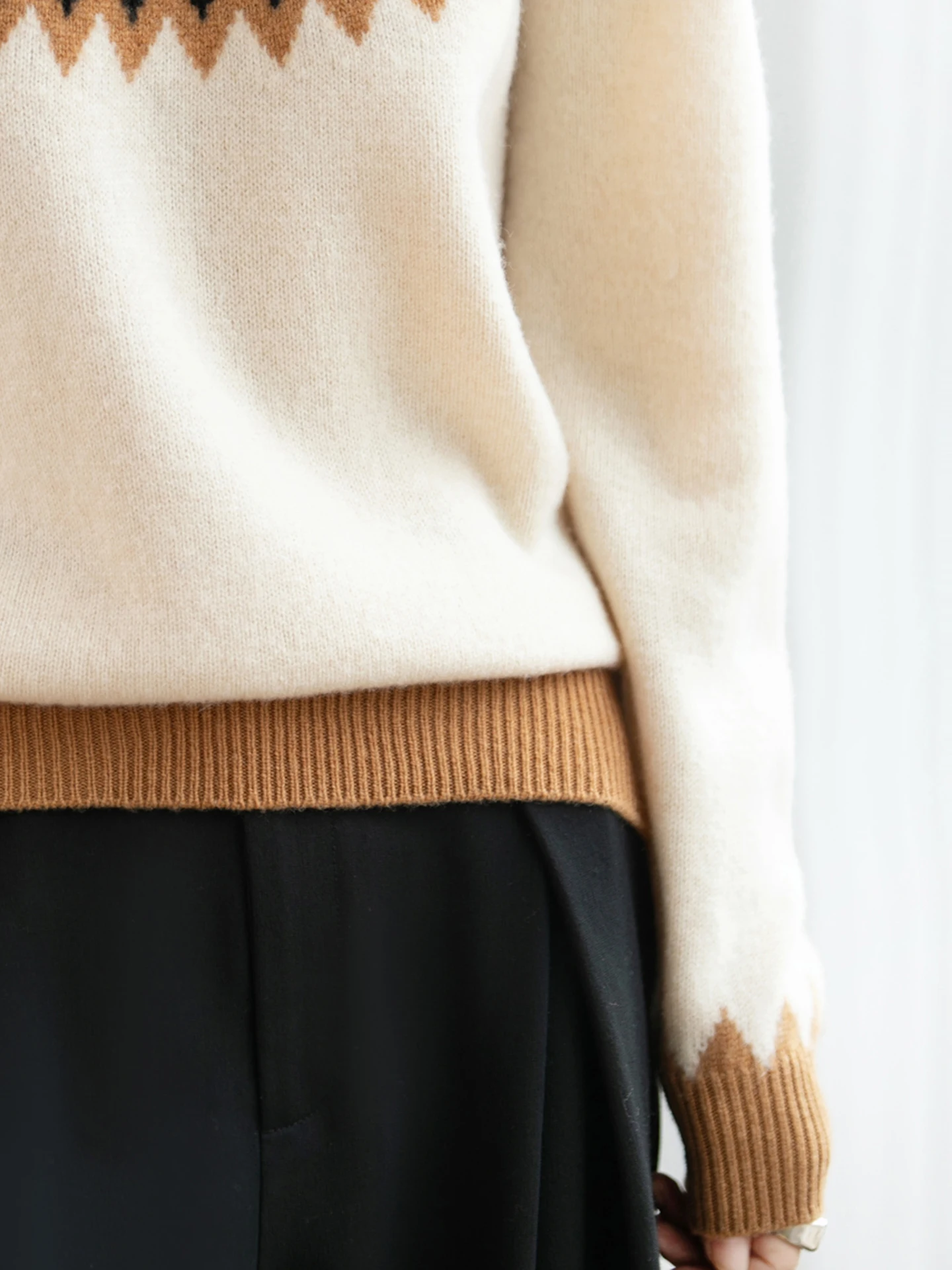 

TLOML Women's Mock Neck Vintage Sweater 100% Merino Wool Knitwear Jacquard Pullover Autumn Winter Soft Warm Comfy Female Tops