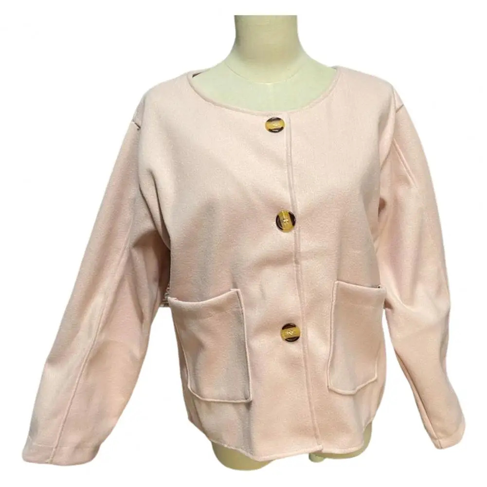 Chaqueta holgada para mujer, elegante chaqueta de lana para mujer, abrigo de un solo pecho con cuello redondo y bolsillos laterales, moda Otoño Invierno