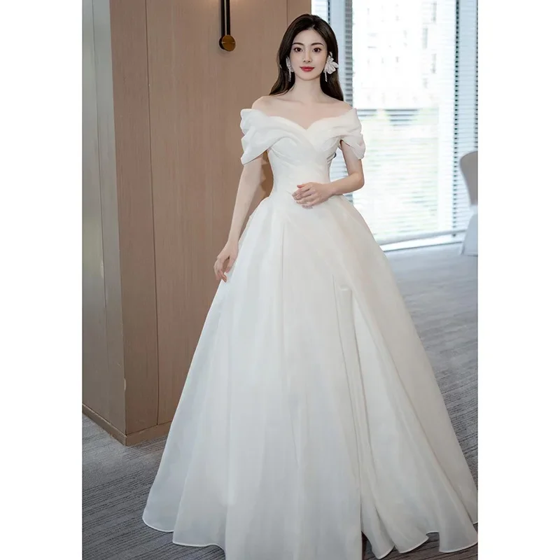 

BeitifuBaby French Simple Style White Dress for Women Wedding Party Organza Off The Shoulder Sleeveless Ball Gown Vestido Novia