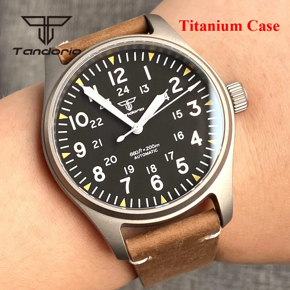 Tandorio-relojes automáticos de piloto de buceo para hombre, caja de Material de titanio de 39mm, 200m, corona de tornillo de cristal de zafiro,