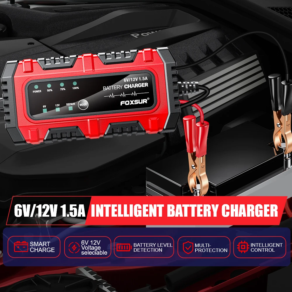 

Lead-Acid Battery Charger Multiple Protection 6V/12V 1.5A Intelligent Pulse Repair Car Motorcycle Battery Full Intelligent
