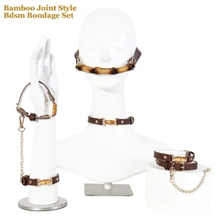 Bamboo Joint Style Bdsm Bondage Set Slave Bdsm Collar PU Leather Sex Handcuffs Anklecuffs Open Mouth Gag Sex Toys for Woman Men