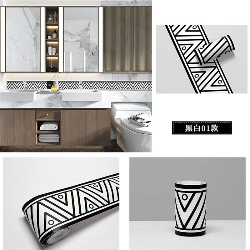 10x500cm Simple Black And White Border Sticker For Kitchen Bathroom Decoration Wall Sticker Waterproof Floor Borderline Decal