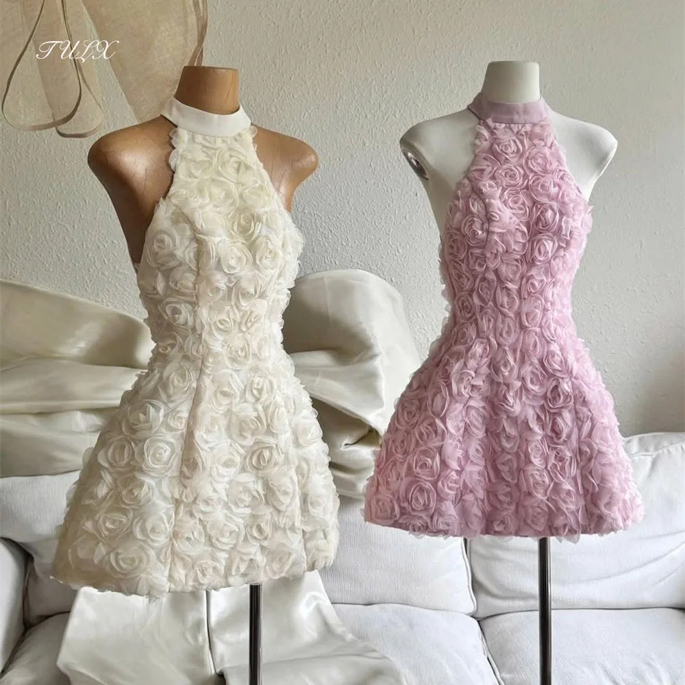 

TULX Fairy A Line Flower выше колена Мини Короткое платье для выпускного вечера Холтер без рукавов Вечернее платье для женщин Специальные пышные платья