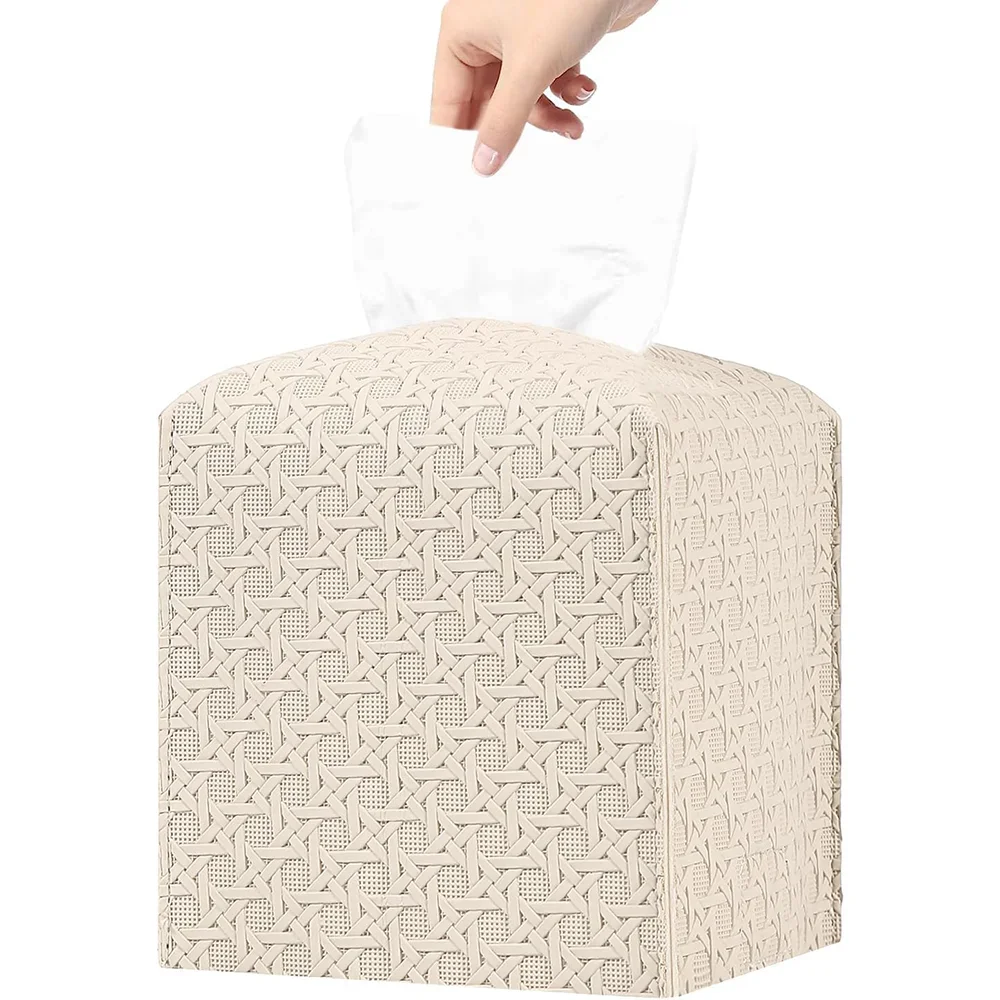 PU Leather Square Tissue Box Rattan Design Large-Capacity Drawer Box Supplies Foldable Tissue Box Cover for Home, Office, Car