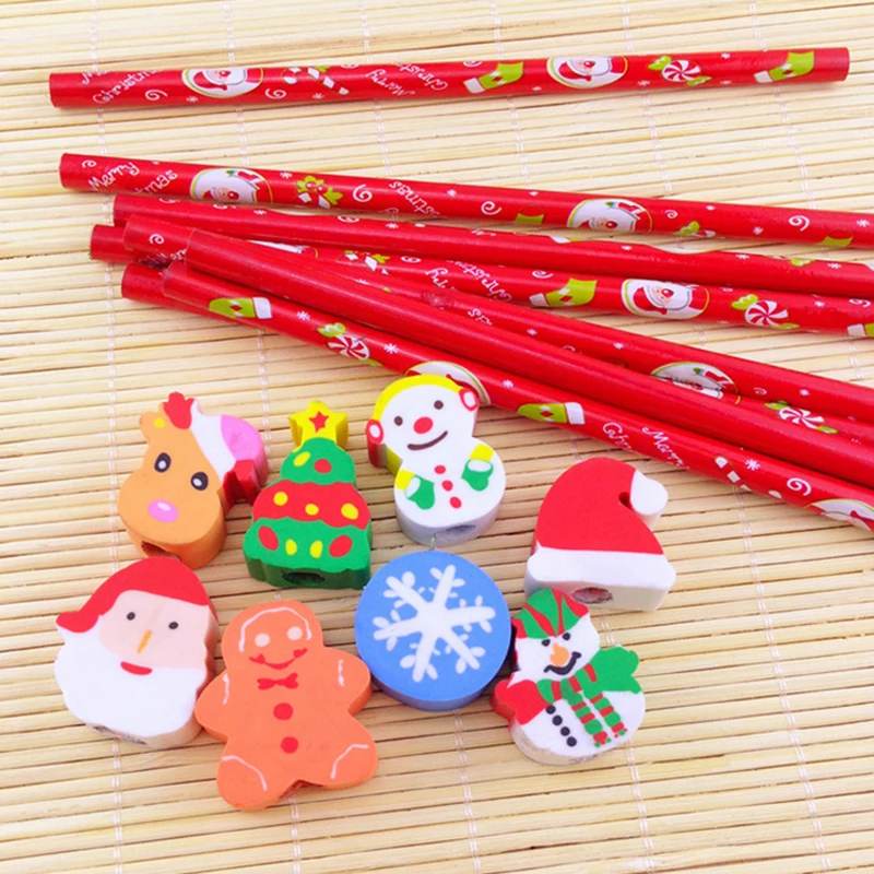 12Pcs/Set 2025 Christmas Gift Pencils for Children School Stationery Supplies Wooden HB Pencils Eraser Topper Pencils Random