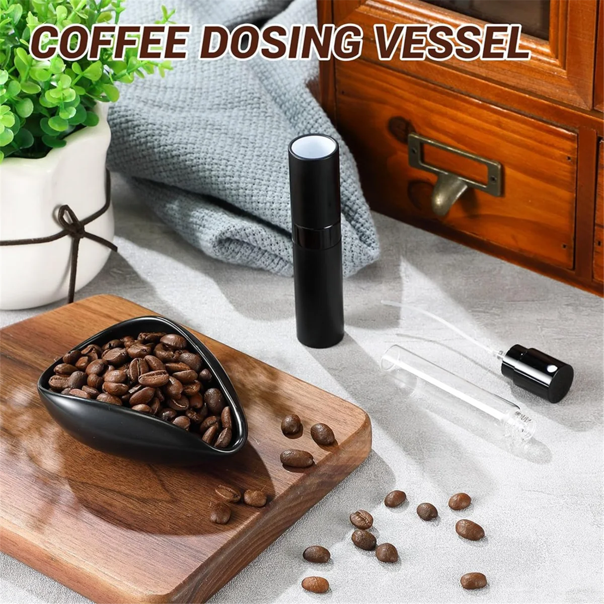 HOT Coffee Bean Dosing Cup and RDT Spray Bottle and Spoon 3-Piece Set, Coffee Bar Accessories, Ceramic Dosing Vessels Black