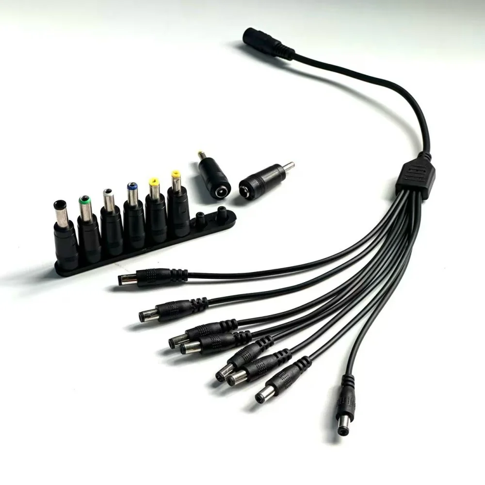 Cabo dc divisor de 1 a 8 com 8 peças de conectores dc diferentes 5.5*2.1mm dc 12v 1 fêmea 8 macho estender cabo de alimentação