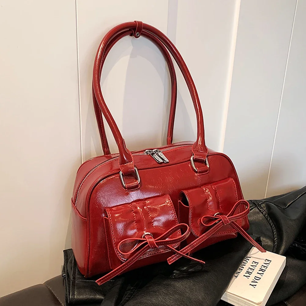 Retro Red Women\'s Satchel Hobo Bag Patent Leather Multi Pocket Luxury Designer Handbag Female Shoulder Armpit Bag Tote Purses