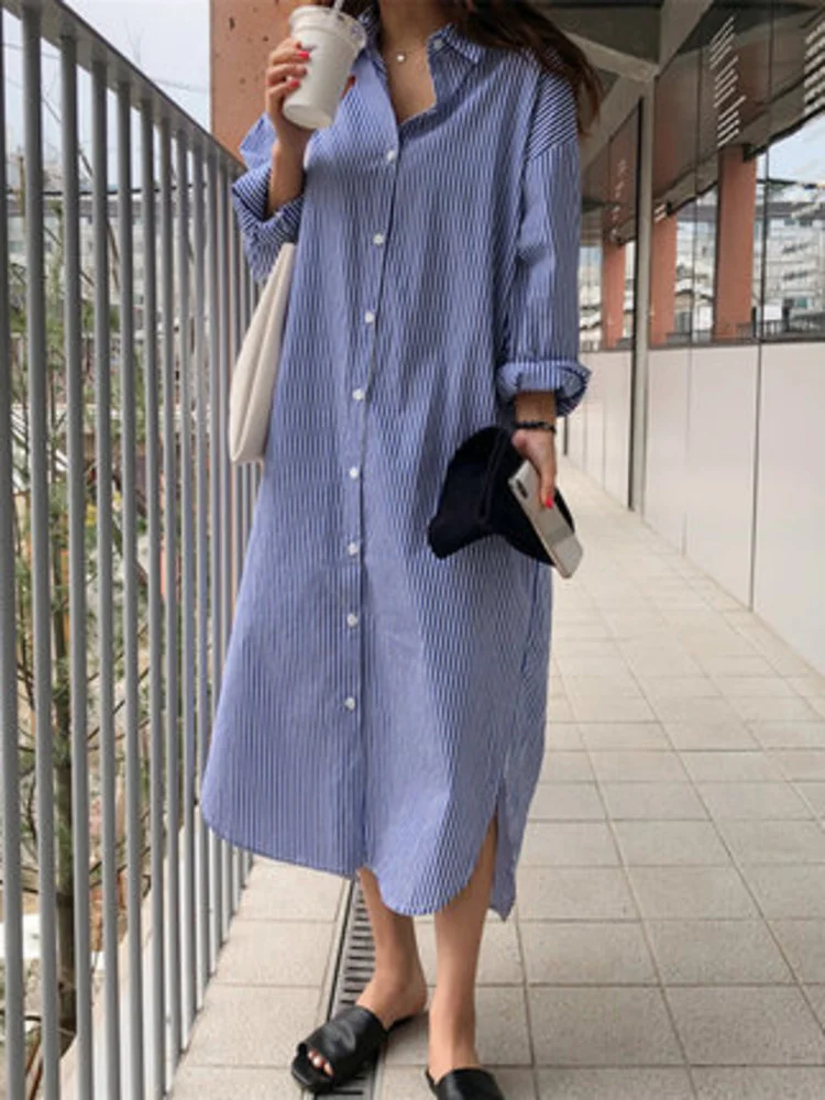 Striped Single Breasted Dress Turn-down Collar Full Sleeve Loose Waist Dresses Women 2022 Summer Fashiom Clothing G006