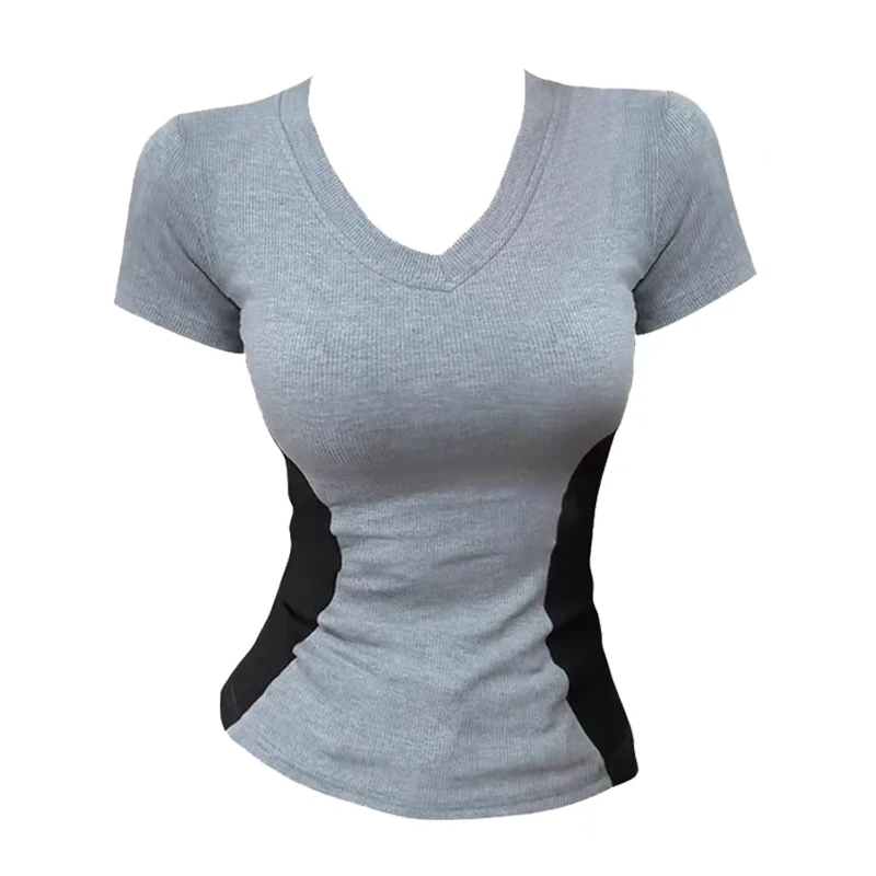 

Модная женская футболка с V-образным вырезом, облегающая, базовая, с пэчворком, хлопок, лето 2026, сексуальная, с коротким рукавом, повседневный топ для женщин