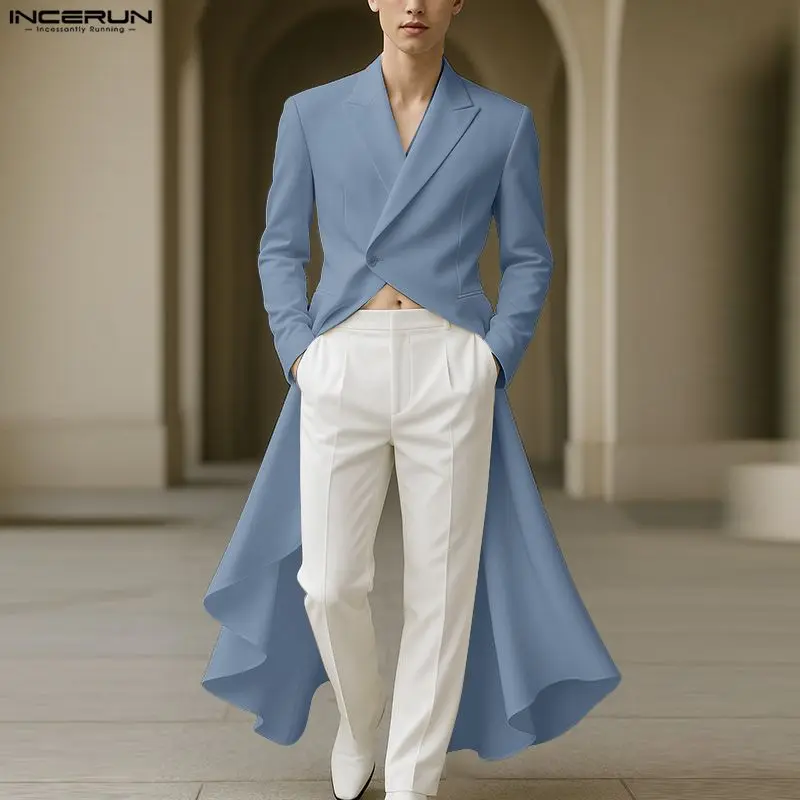 

INCERUN мужской нерегулярный пиджак однотонный с лацканами с длинным рукавом длинный стильный пиджак мужской уличный мужской костюм модные тонкие пальто S-5XL